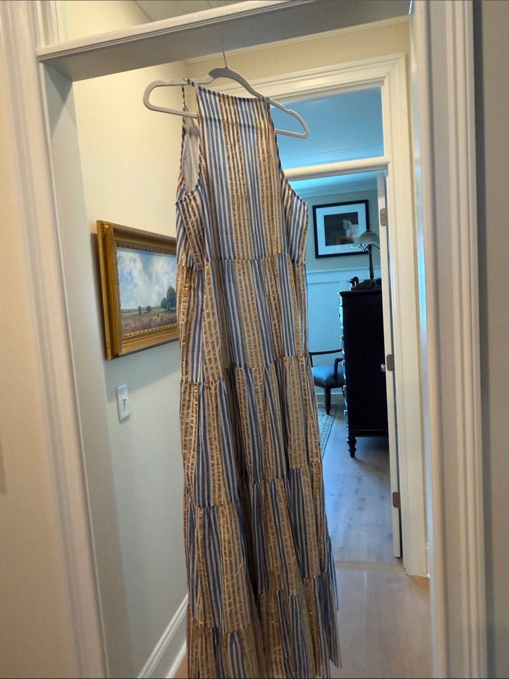Oliphant Sleeveless Blue cream and gold Striped Tiered Maxi Dress - Picture 7 of 11